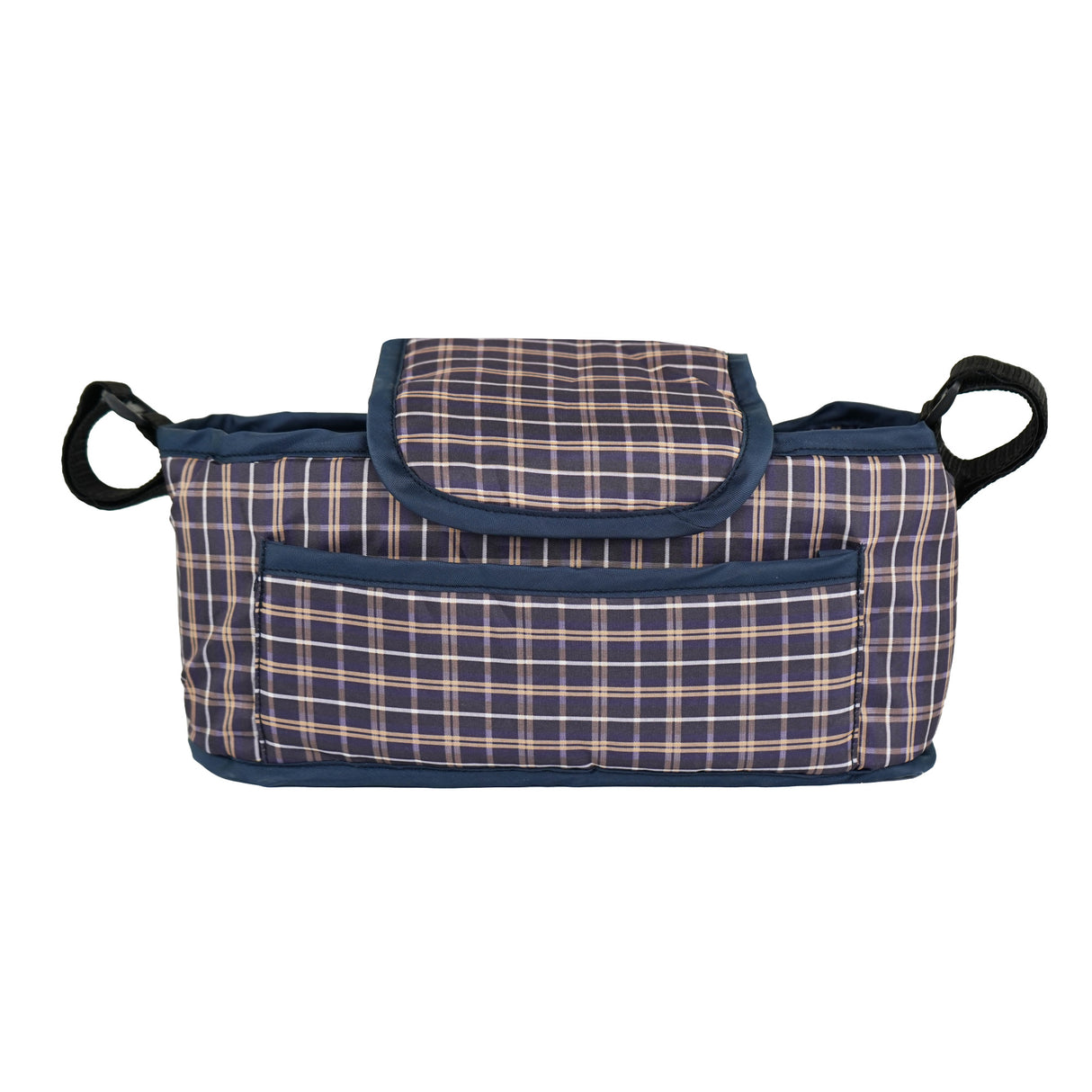 Sac caddy pour poussette d'animal en tissu bleu tartan, avec une texture douce, des poignées noires et une poche avant pratique
