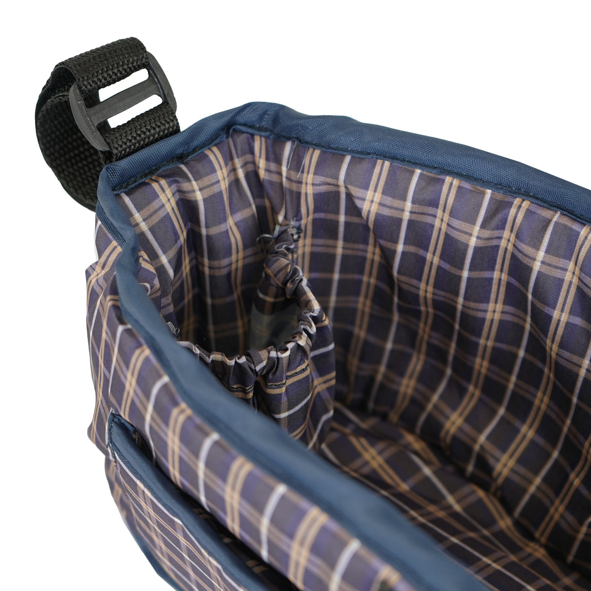 Sac caddy pour poussette d'animal en bleu tartan, intérieur à motifs carrés, avec poches élastiques et texture douce