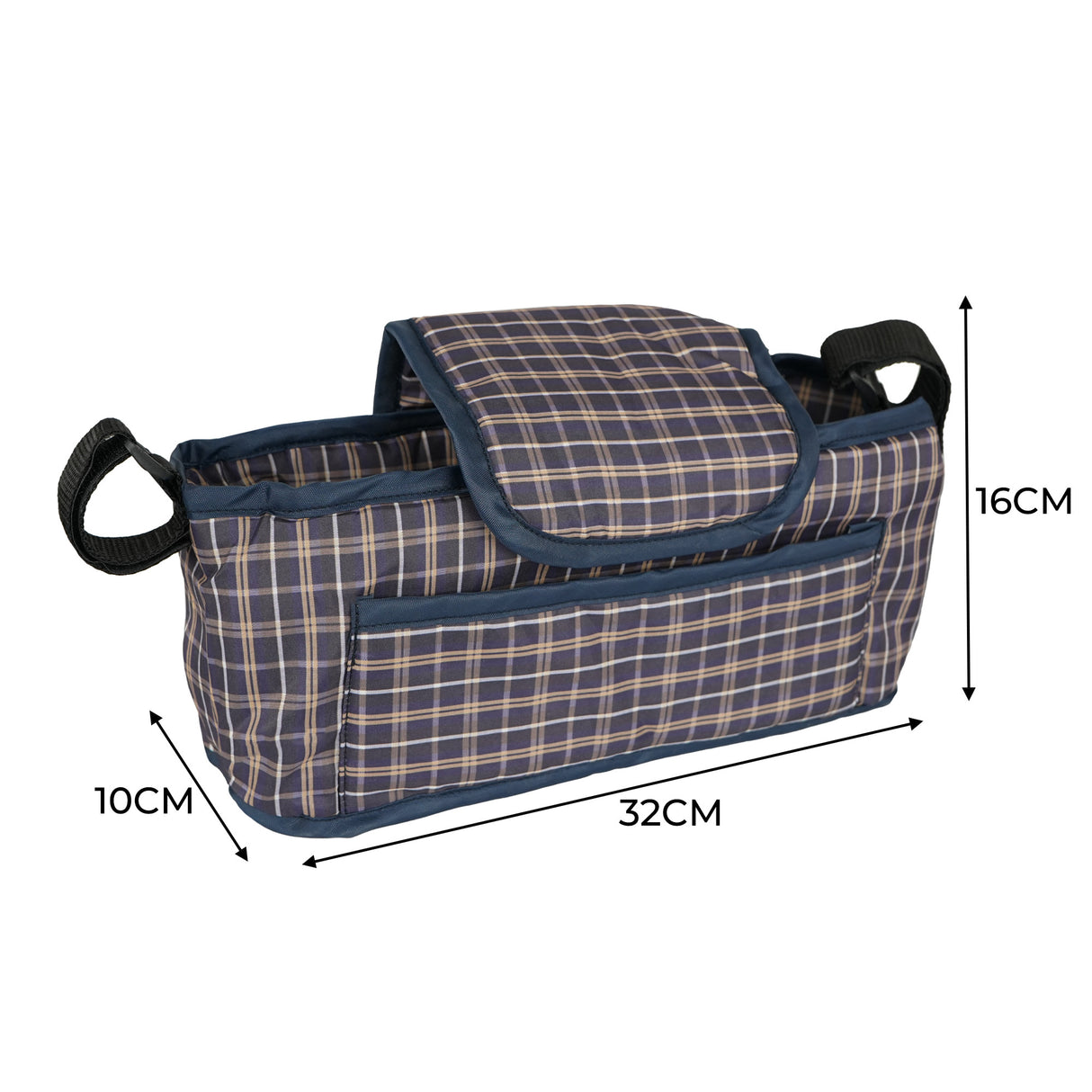 Sac caddy pour poussette d'animal en bleu tartan, avec texture en tissu, poches latérales et fermeture à rabat, dimensions 32x16x10 cm