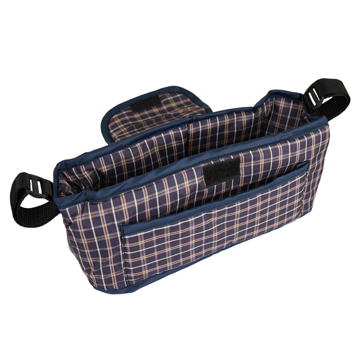 Sac caddy pour poussette d'animal en bleu tartan, avec plusieurs compartiments et une texture en tissu résistant, idéal pour le rangement