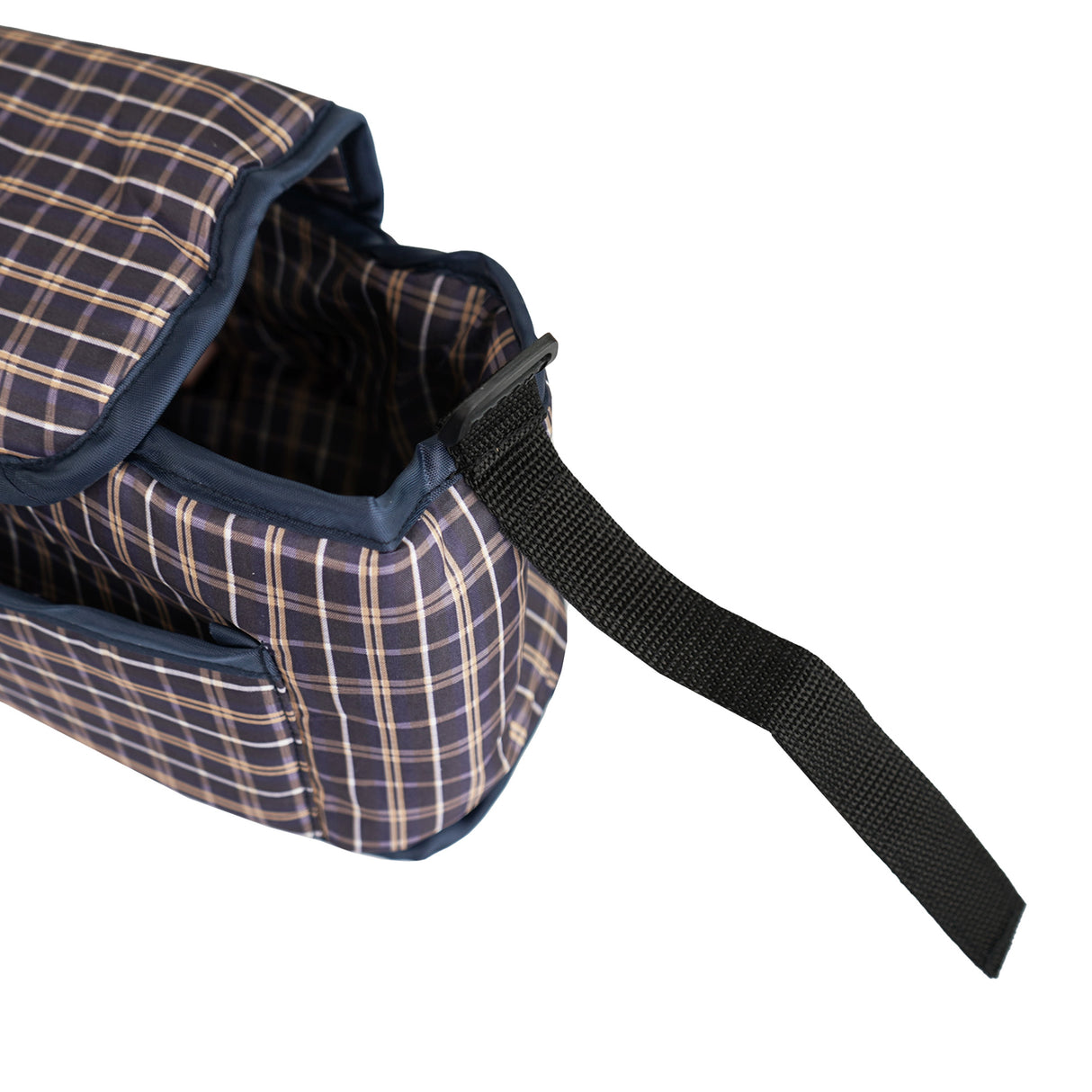 Sac caddy pour poussette d'animal en bleu tartan, avec un motif à carreaux, une texture douce et des bretelles noires réglables
