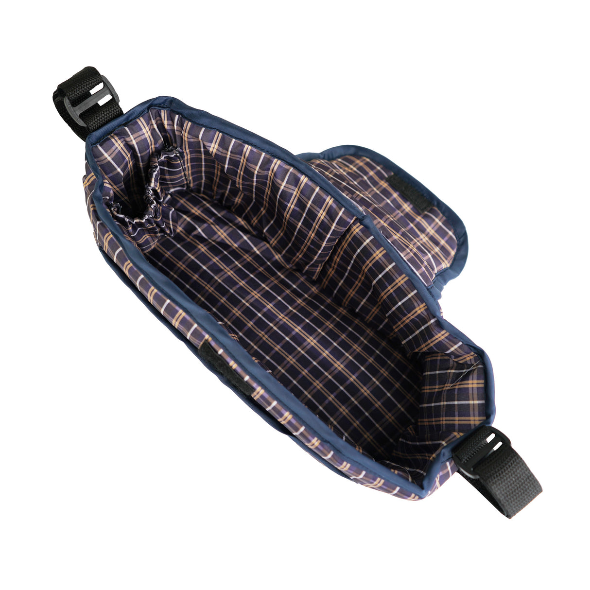 Sac caddy pour poussette d'animal en bleu tartan, avec un intérieur à carreaux, conçu pour le rangement pratique et stylé