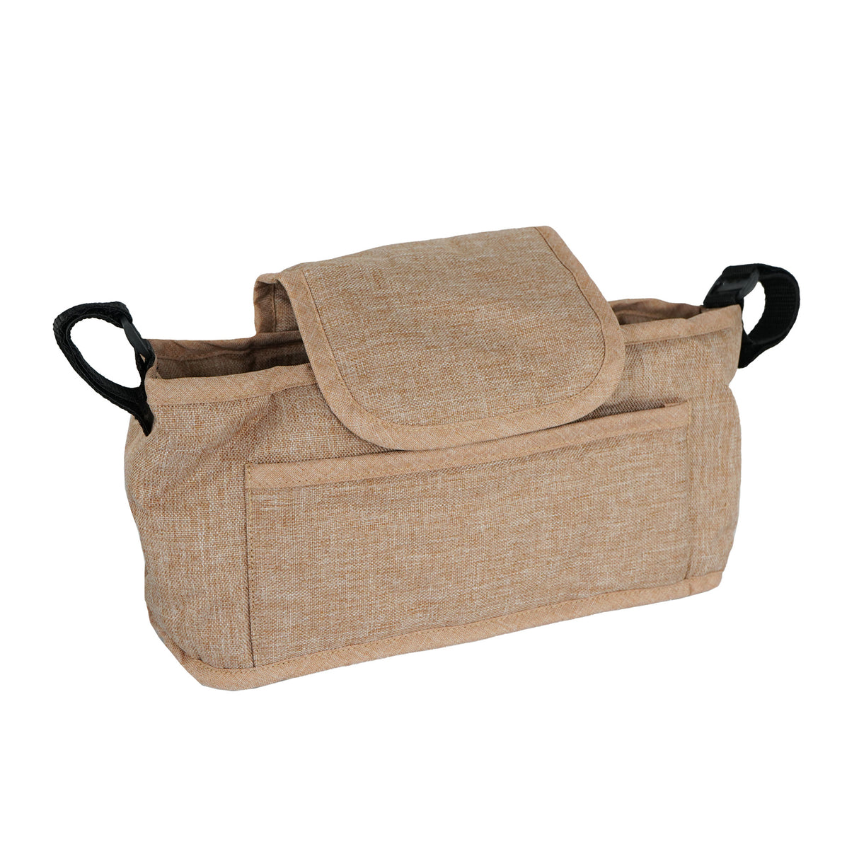 Sac caddy beige pour poussette d'animal, en tissu texturé, avec poches pratiques et poignées noires pour un transport facile