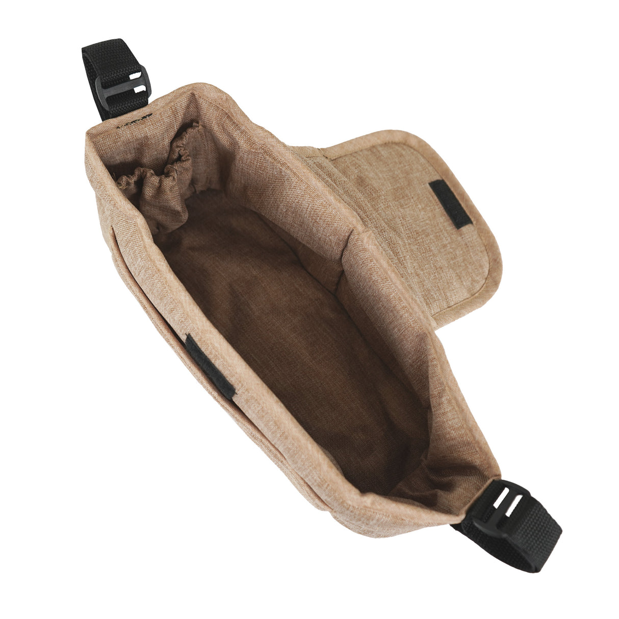 Sac caddy pour poussette d'animal en beige, tissu texturé, intérieur spacieux avec fermeture, attaches noires pour fixation sécurisée