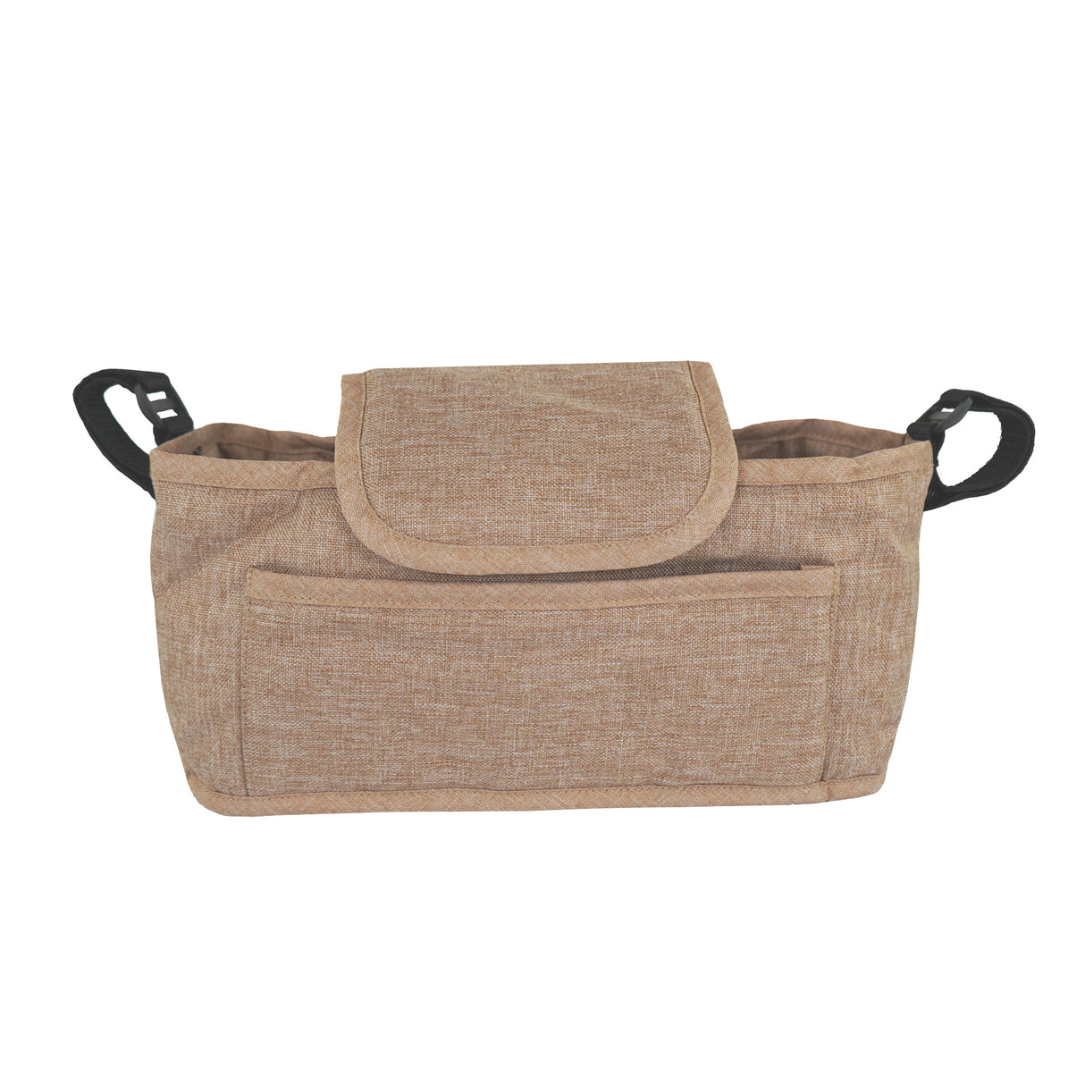 Sac caddy beige pour poussette d'animal, en tissu texturé, avec une poche avant et des poignées noires pour un transport facile