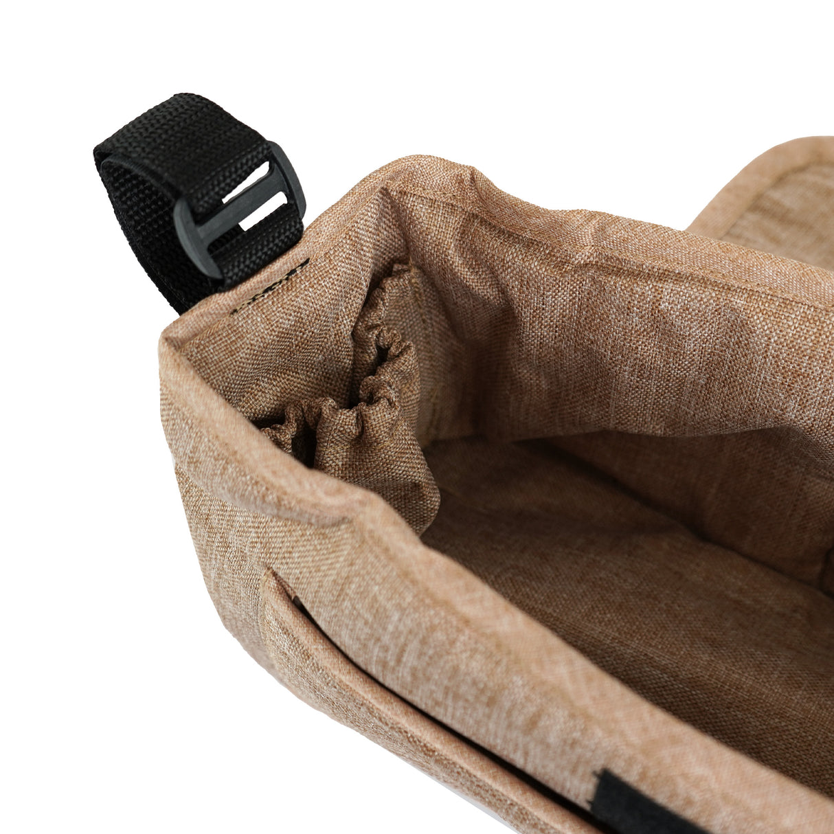 Sac caddy pour poussette d'animal en beige, en tissu texturé, avec une ouverture élastique et une sangle noire pour un transport facile