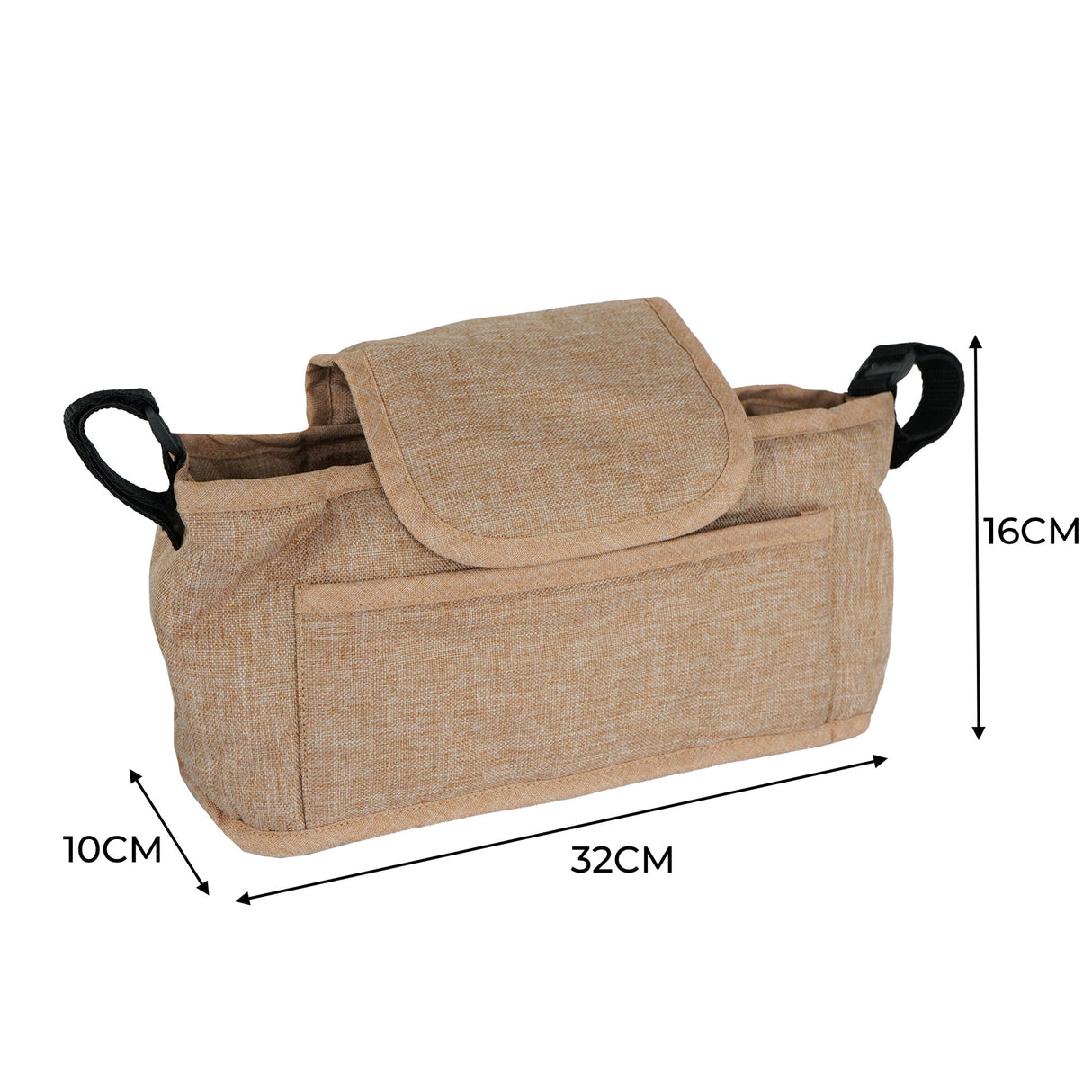 Sac caddy beige pour poussette d'animal, en tissu texturé, avec une poche avant et des poignées noires pour un transport facile