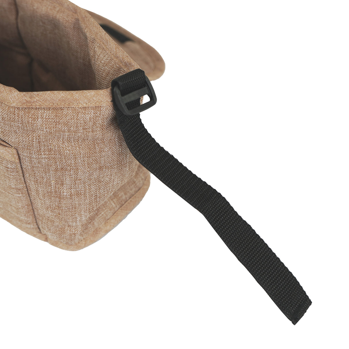 Sac caddy beige pour poussette d'animal, en tissu texturé, avec une sangle noire pour un transport facile et pratique