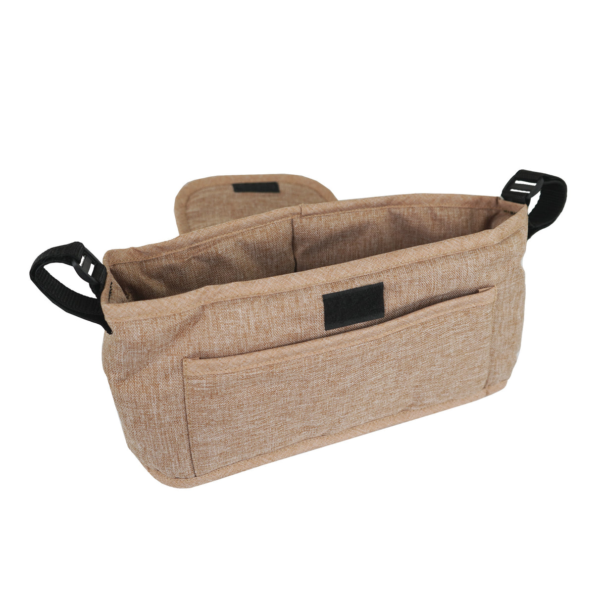 Sac caddy beige pour poussette d'animal, en tissu texturé, avec plusieurs poches et anses noires pour un transport pratique