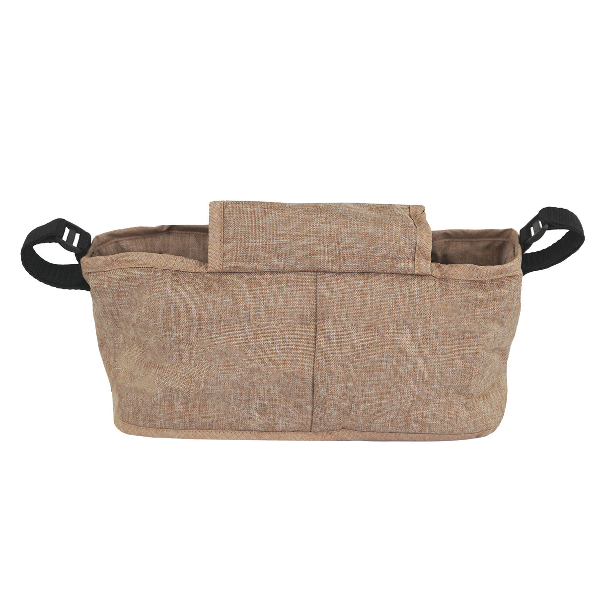 Sac caddy beige pour poussette d'animal, en tissu texturé, avec poches pratiques et poignées noires pour un transport facile