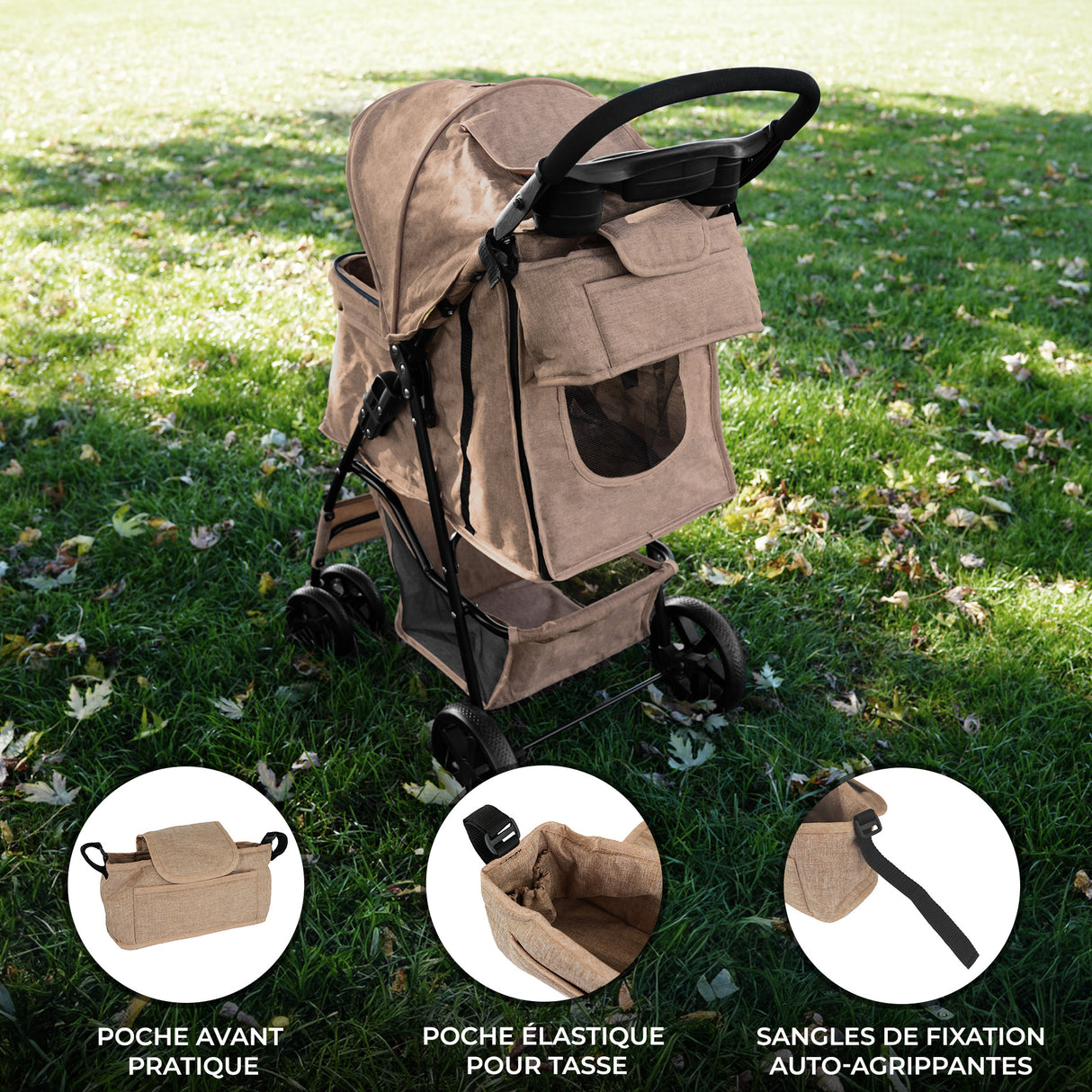 Sac caddy beige pour poussette d'animal, avec poches pratiques, texture douce et sangles de fixation auto-agrippantes sur fond de pelouse verte