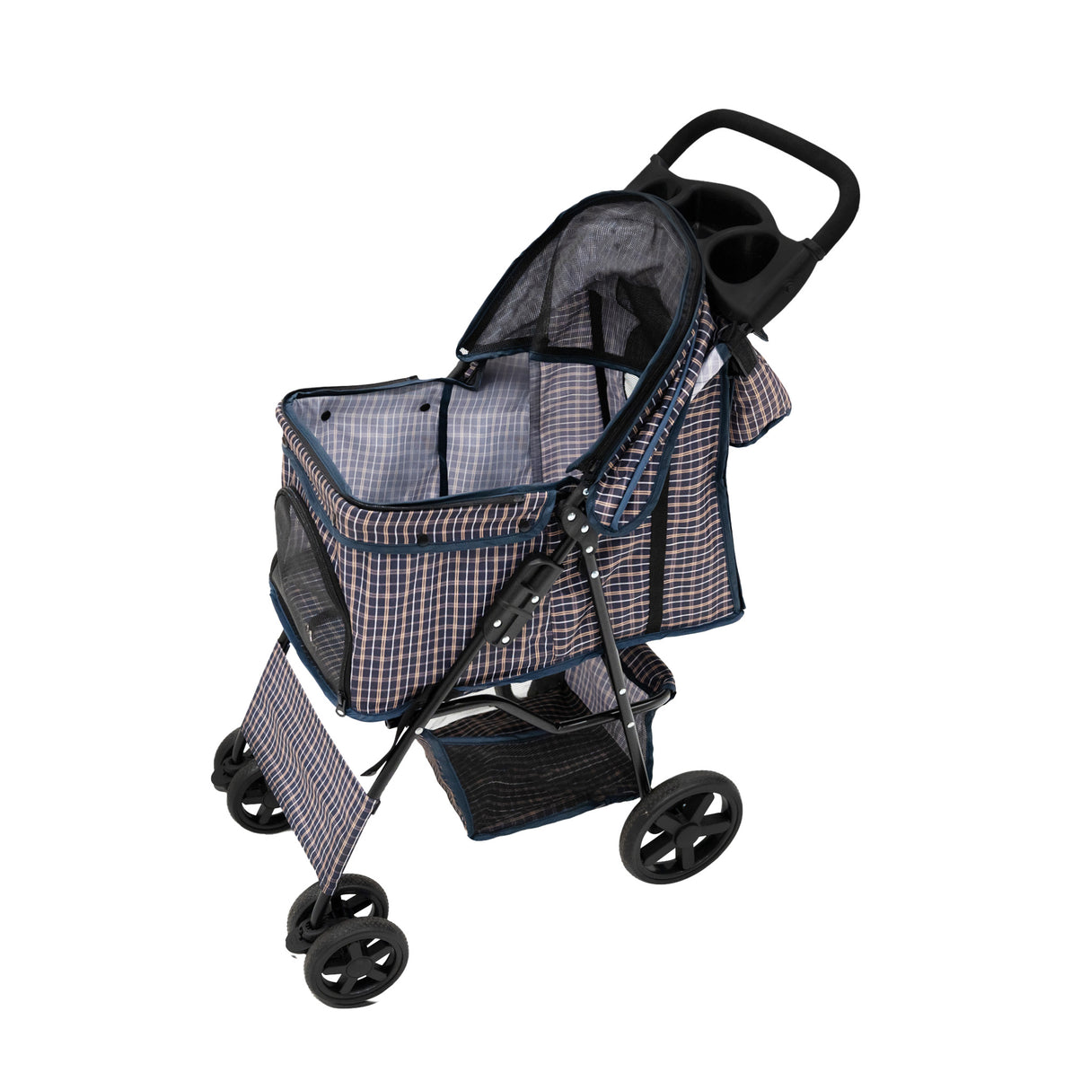 Poussette pour animal de compagnie en bleu tartan, avec un design léger, des roues robustes et un panier de rangement pratique
