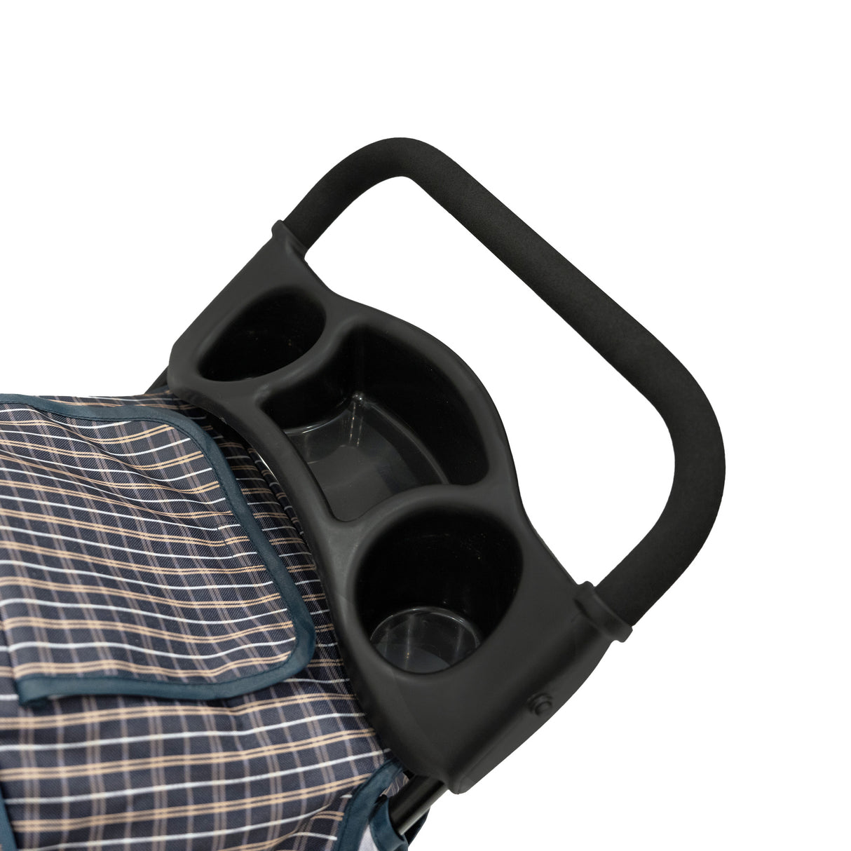 Poussette pour animal de compagnie en bleu tartan avec un porte-gobelet noir, offrant confort et praticité pour les promenades