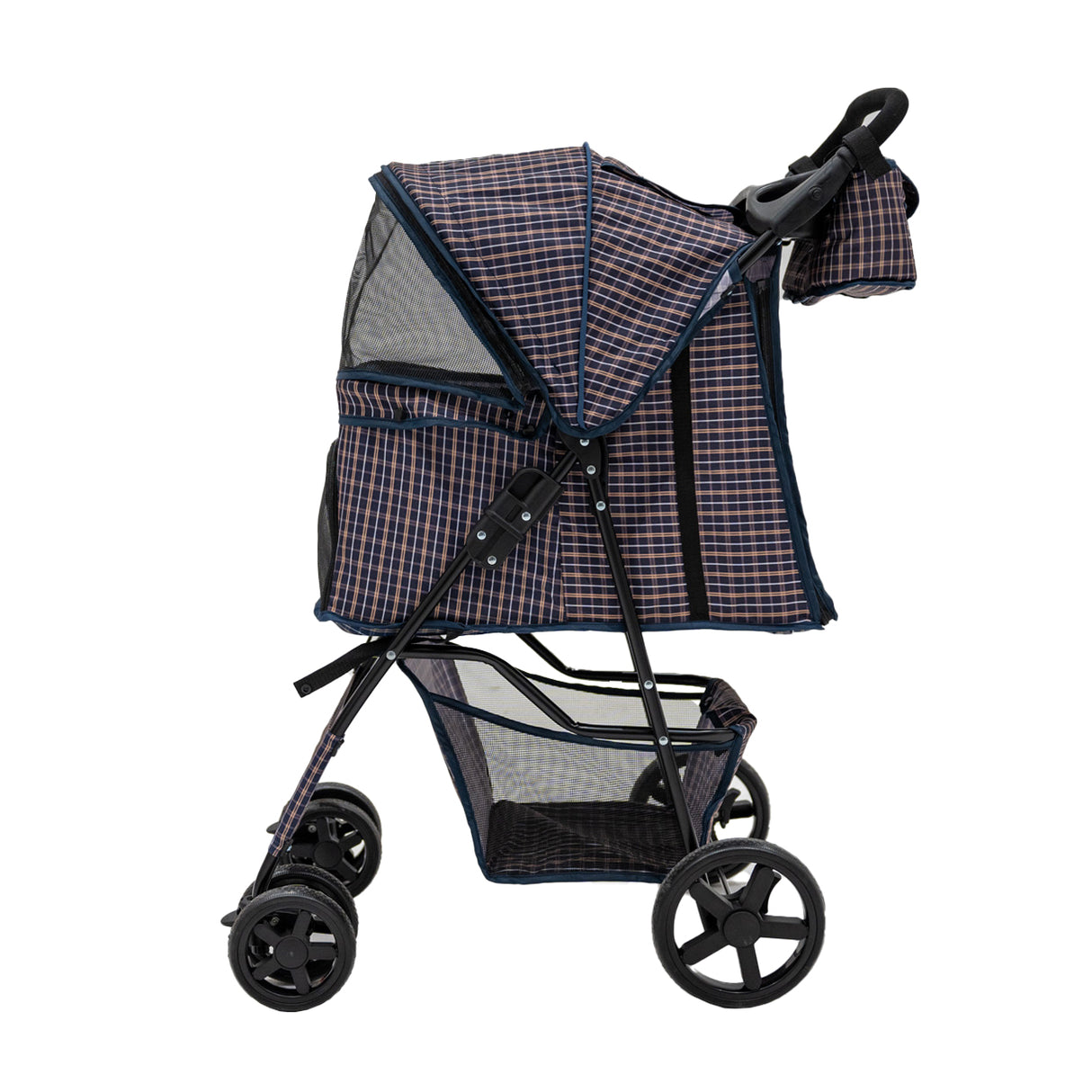 Poussette pour animal de compagnie en bleu tartan, avec une structure en métal noir, un panier inférieur et une capote en maille respirante