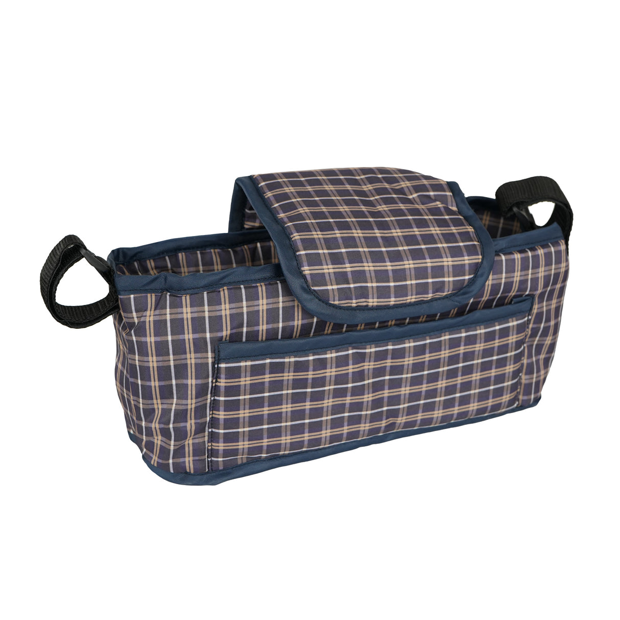Sac caddy pour animal de compagnie en bleu tartan, avec texture en tissu, poches pratiques et poignées confortables pour le transport