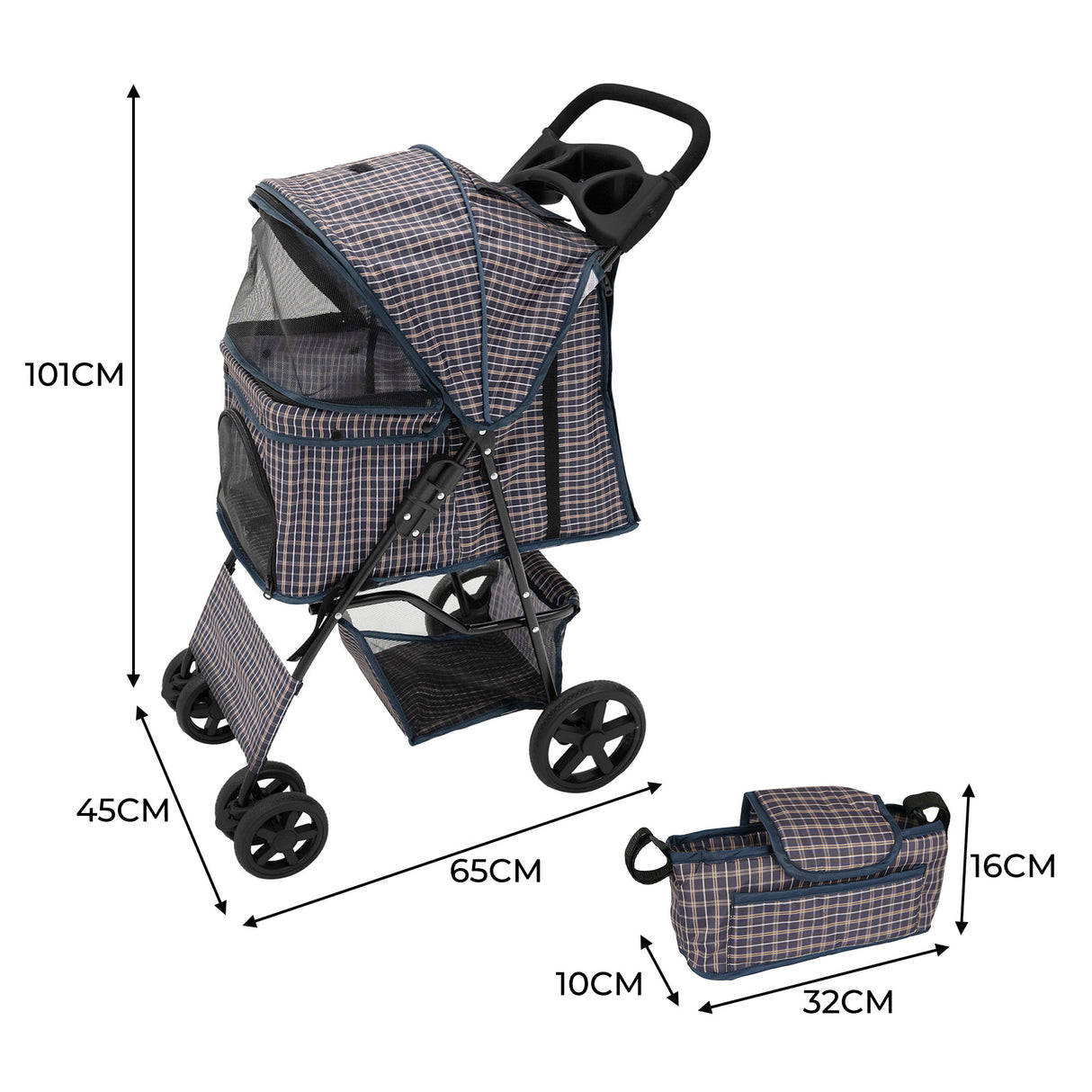 Poussette pour animal de compagnie en bleu tartan avec une structure légère, des roues robustes et un sac caddy assorti pour le transport