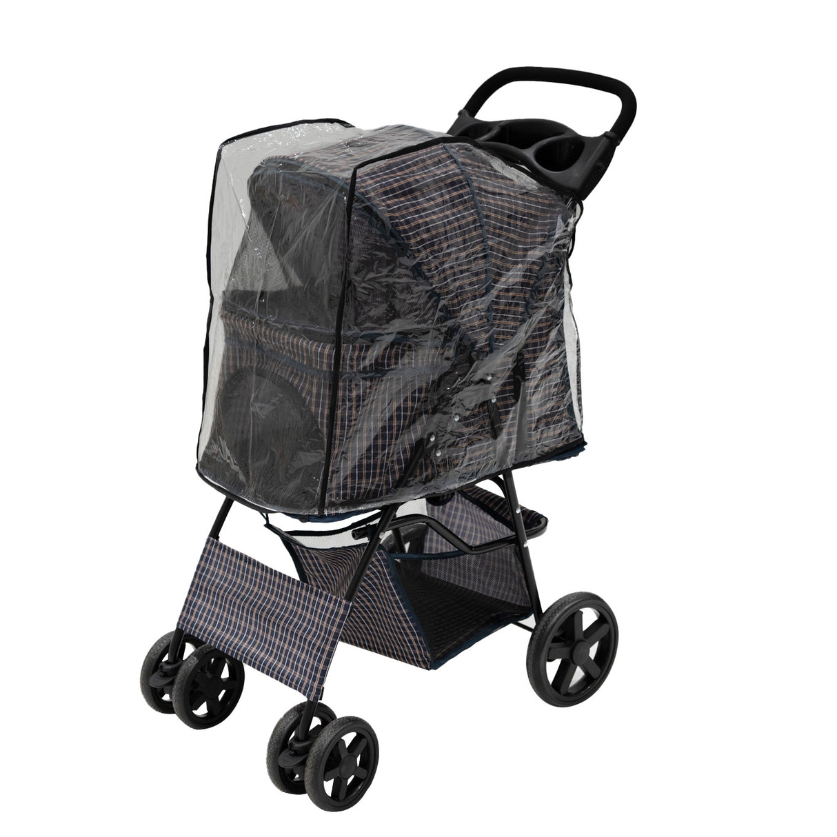 Poussette pour animal de compagnie en bleu tartan, avec une housse transparente, roues noires et panier inférieur pratique