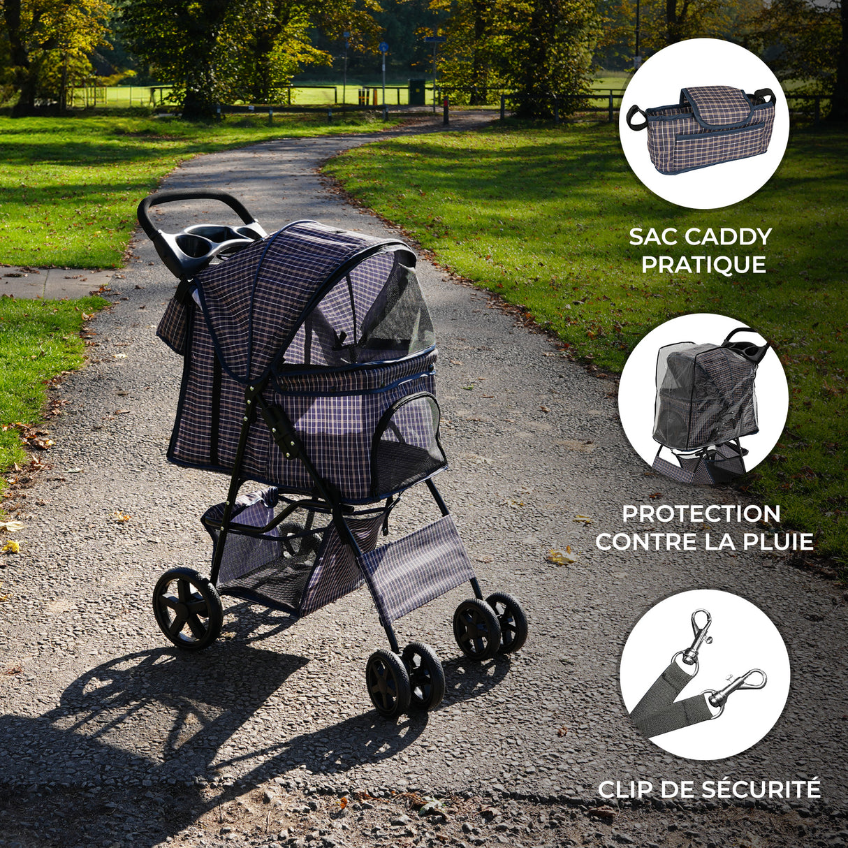 Poussette pour animal de compagnie en bleu tartan, avec un sac caddy pratique, protection contre la pluie et clip de sécurité