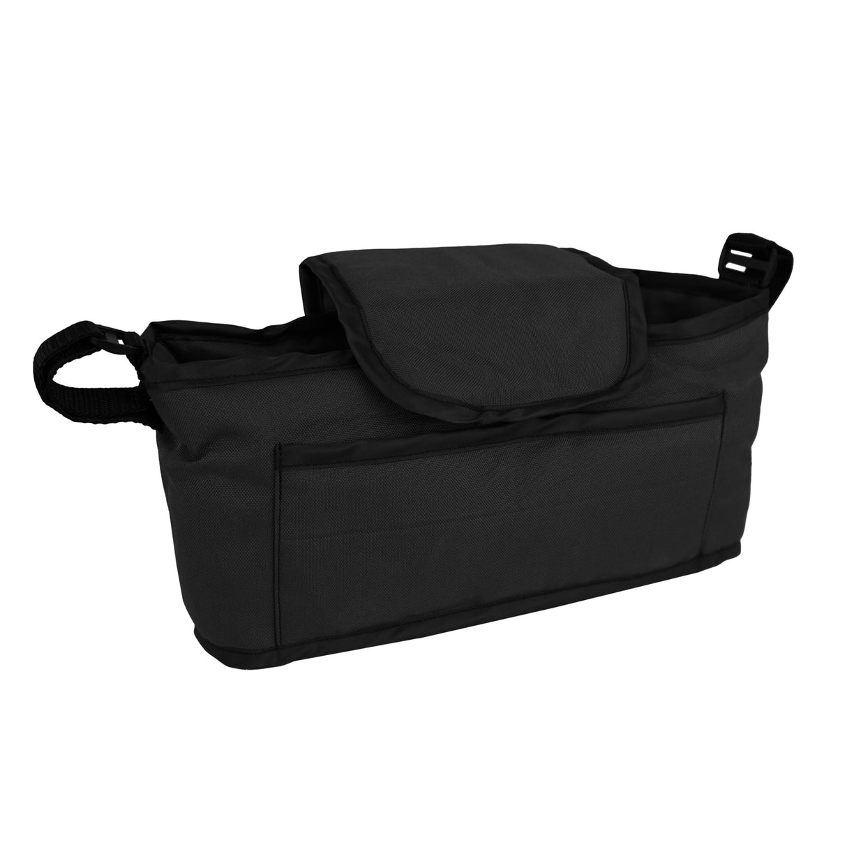 Sac caddy noir pour poussette d'animal, en tissu résistant, avec une poche avant et une fermeture à rabat pour un accès facile