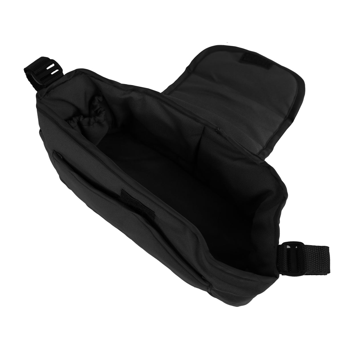 Sac caddy noir pour poussette d'animal, en tissu résistant, avec une texture lisse et un intérieur spacieux pour le rangement pratique