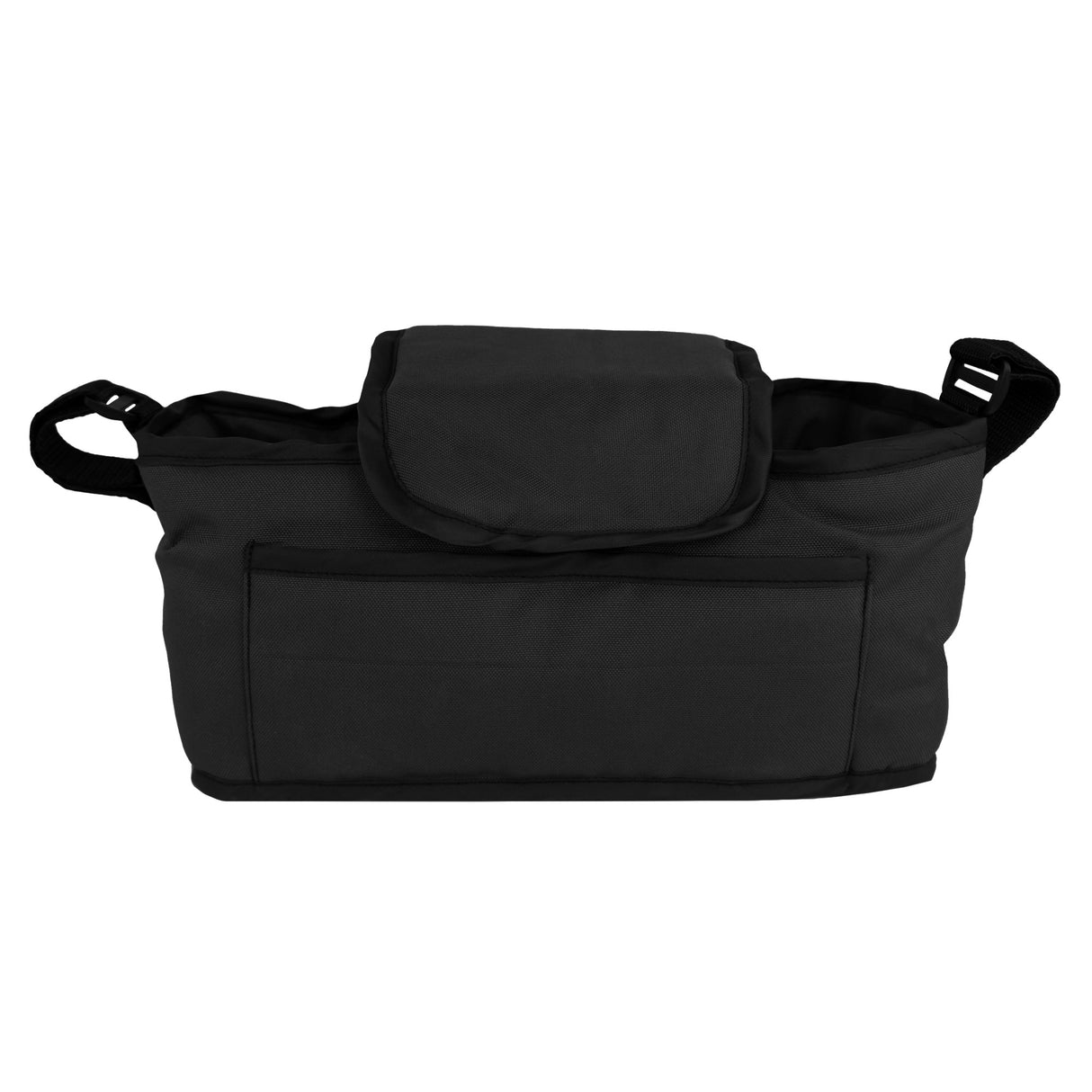 Sac caddy noir pour poussette d'animal, en tissu résistant, avec plusieurs poches et une fermeture à rabat pratique pour un rangement facile