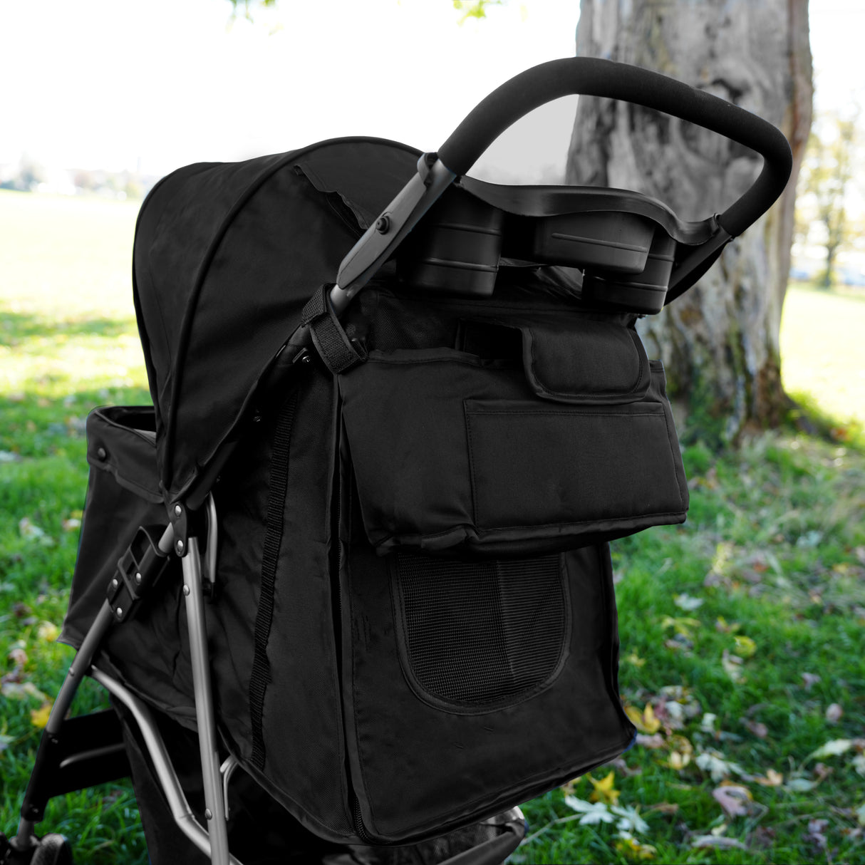 Sac caddy noir pour poussette d'animal, en tissu résistant, avec poche avant et compartiments pour accessoires, idéal pour les promenades