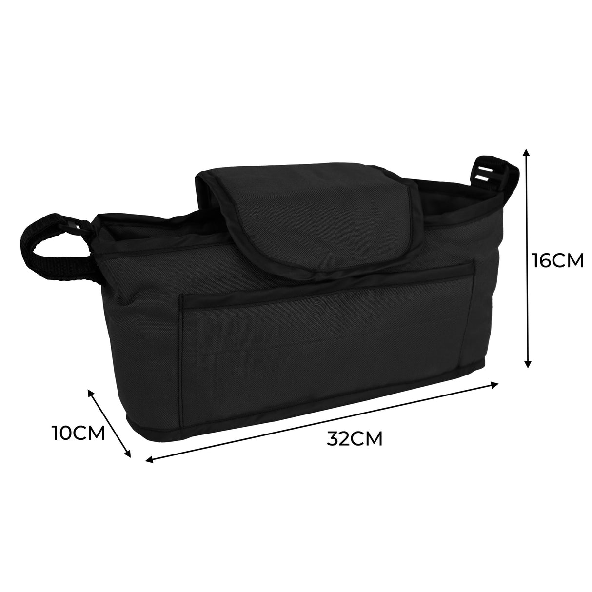 Sac caddy noir pour poussette d'animal, en tissu résistant, avec une poche avant, dimensions 32 cm x 16 cm x 10 cm, pratique et élégant