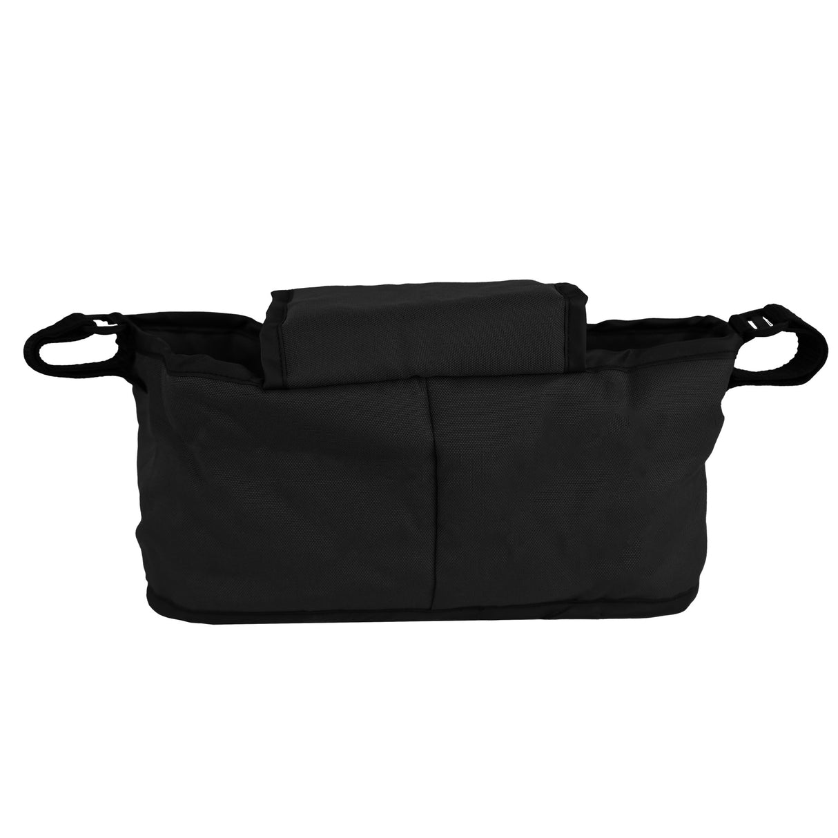 Sac caddy noir pour poussette d'animal, en tissu résistant, avec deux poignées et un compartiment central spacieux pour accessoires