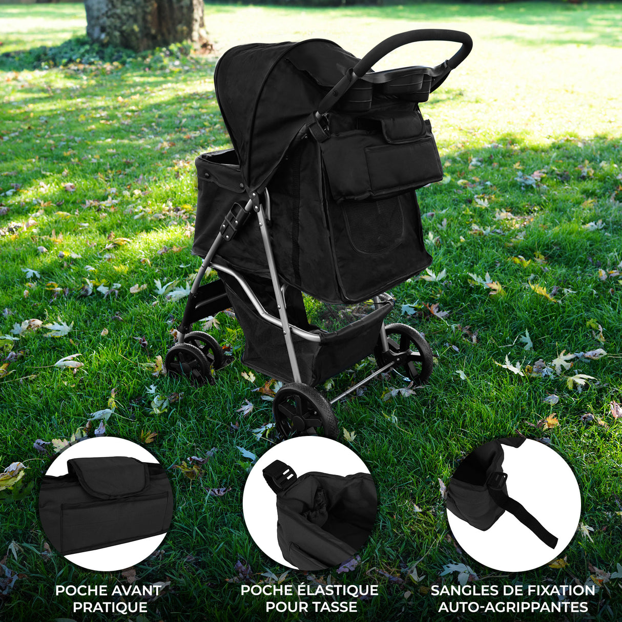 Sac caddy noir pour poussette d'animal avec poche avant pratique, sangle de fixation et porte-tasse élastique, conçu pour le confort