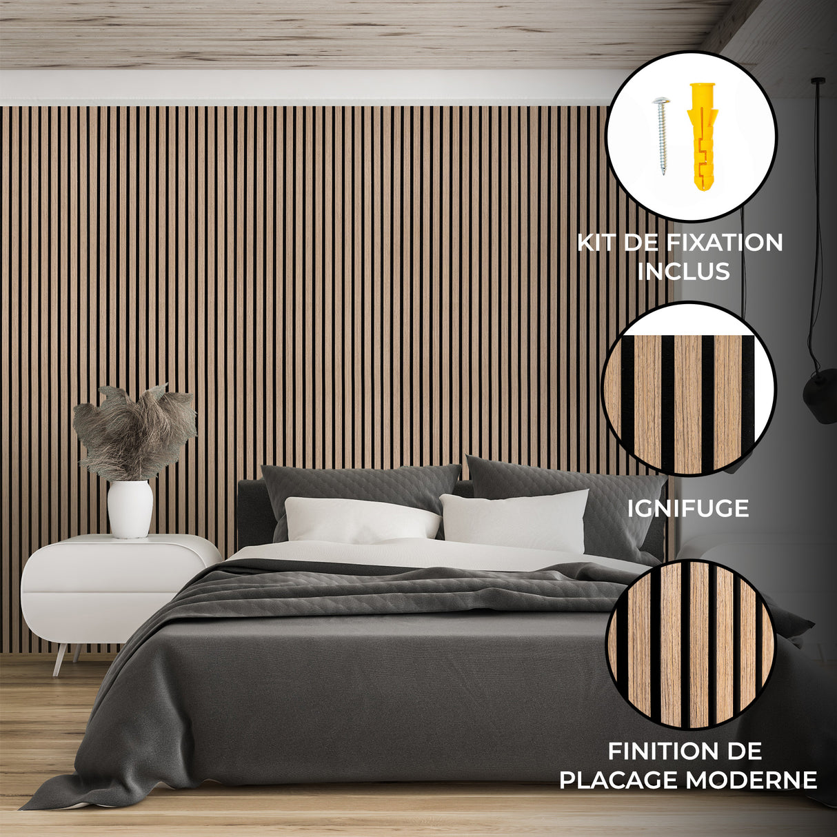 Panneau acoustique mural en noyer clair avec des lattes verticales, finition moderne, kit de fixation inclus, décor élégant et contemporain