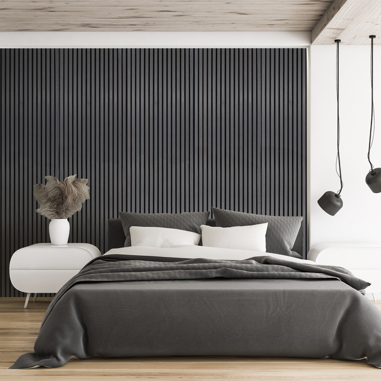 Panneau acoustique mural en gris anthracite avec des lattes verticales, ajoutant texture et élégance à une chambre moderne et lumineuse