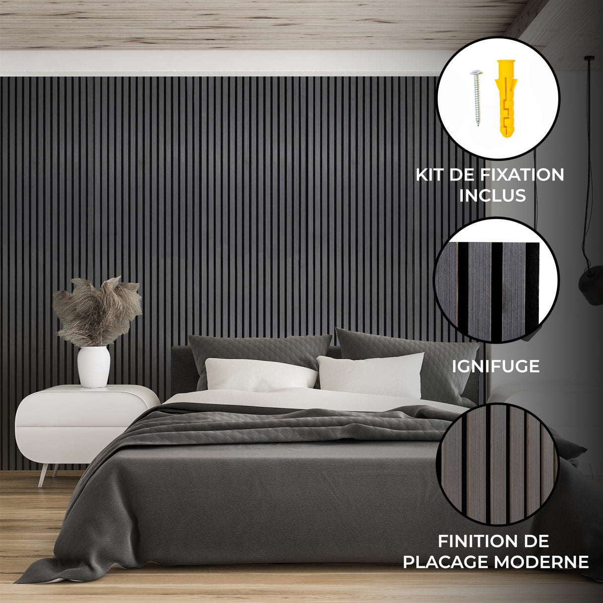 Panneaux acoustiques muraux en lattes gris anthracite, finition moderne, texture lisse, ajoutant une touche élégante à la décoration intérieure