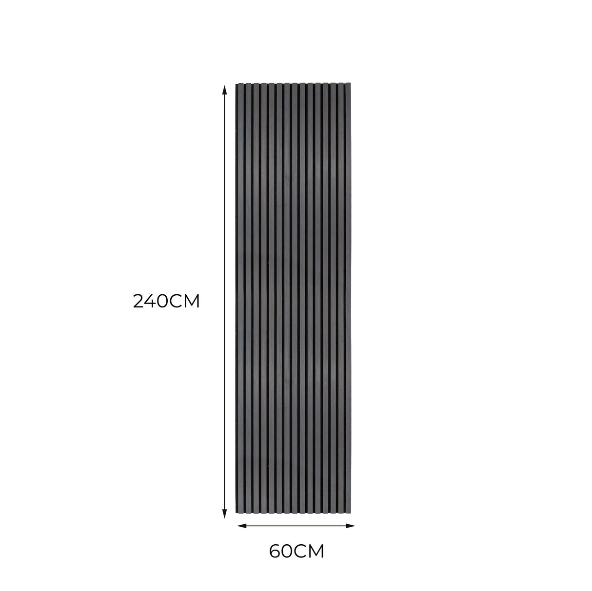 Panneaux acoustiques muraux en gris anthracite, mesurant 240 cm de hauteur et 60 cm de largeur, avec une texture lisse et des lattes verticales