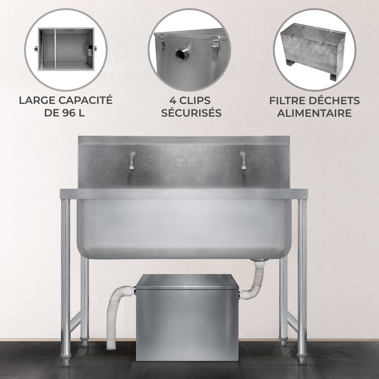 Bac à graisse commercial en acier inoxydable de 96L avec filtres, clips sécurisés et design robuste, idéal pour la cuisine professionnelle