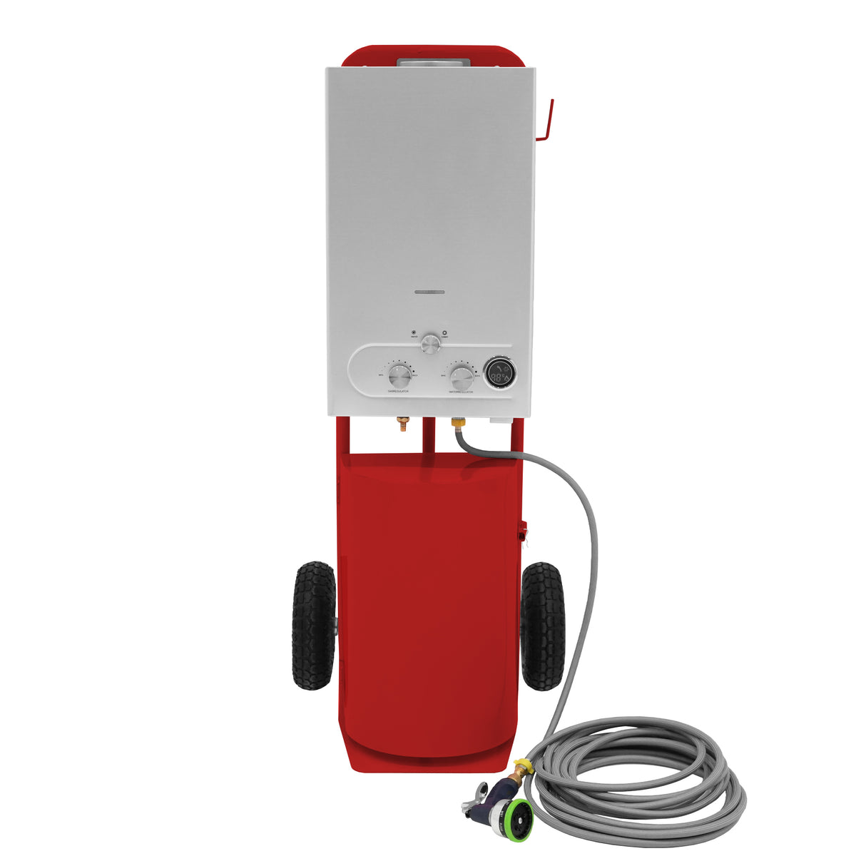 Douche de cheval portable Deluxe rouge avec réservoir, roulettes, tuyau flexible et commandes pour un nettoyage facile et efficace