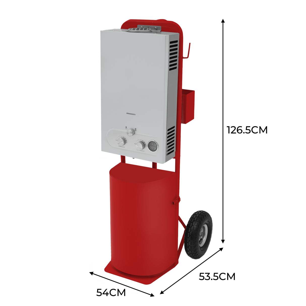 Douche de cheval portable deluxe rouge avec réservoir cylindrique, roulettes, et panneau de contrôle en métal argenté, dimensions 126,5 cm