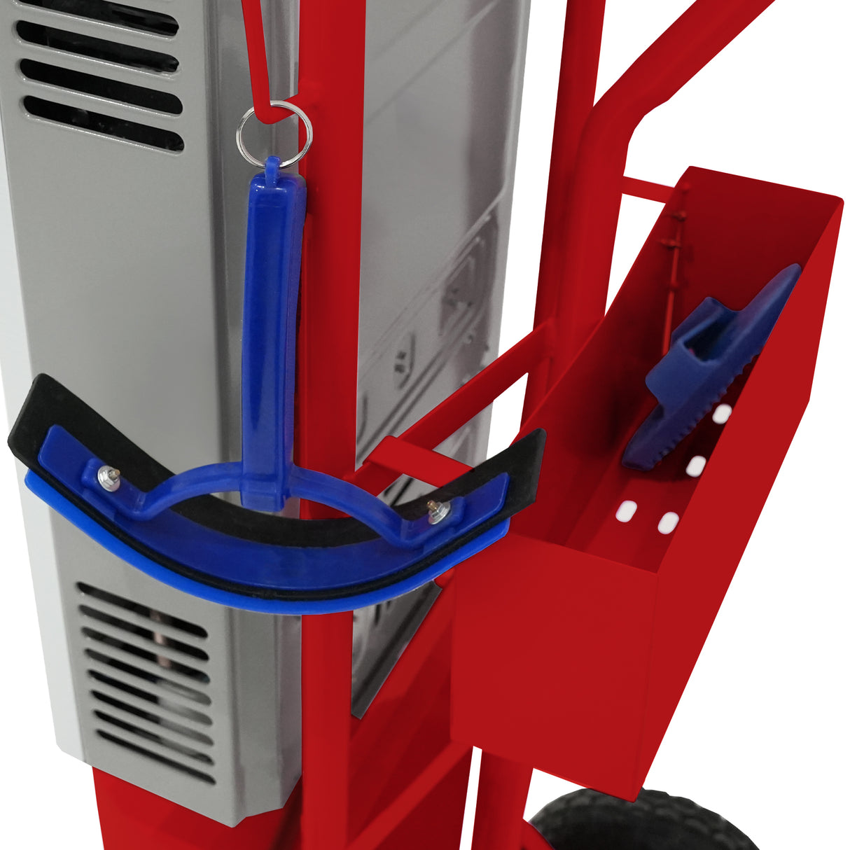 Douche de cheval portable deluxe rouge avec accessoires, poignée bleue, et détails en métal, idéale pour le toilettage équin