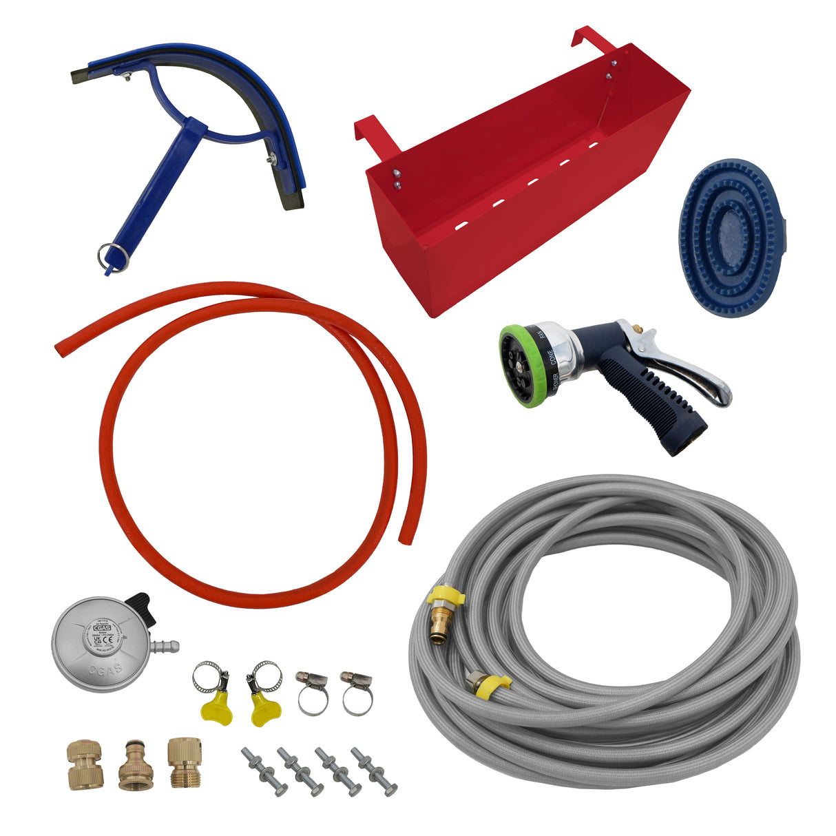 Douche de cheval portable deluxe en rouge, comprenant tuyaux, pistolet, accessoires et un support pratique pour un usage facile