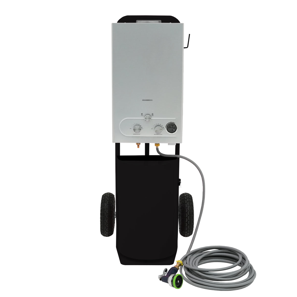 Douche de cheval portable deluxe en noir, avec un réservoir argenté, roues robustes et tuyau flexible pour un usage pratique