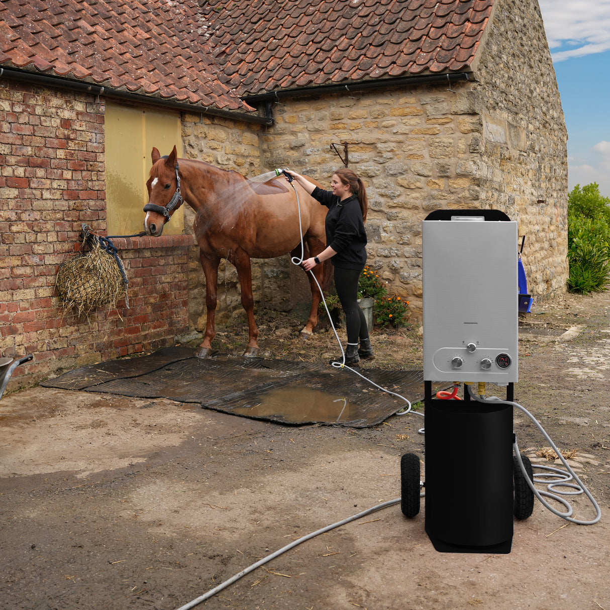 Douche de cheval portable deluxe noire, avec un design élégant, utilisée pour laver un cheval dans une cour en pierre, sol humide et herbeux