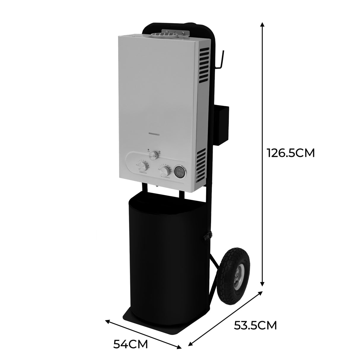Douche de cheval portable deluxe en noir, avec un réservoir cylindrique, roues pour mobilité, et un panneau de contrôle argenté