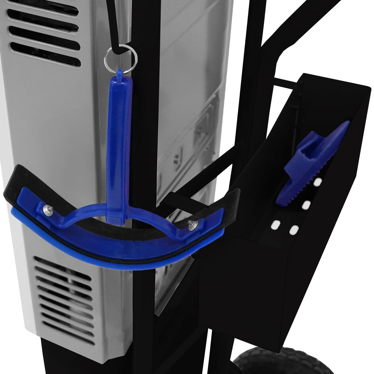 Douche de cheval portable deluxe en noir avec accessoires, poignée bleue ergonomique et rangement pratique pour brosses et outils