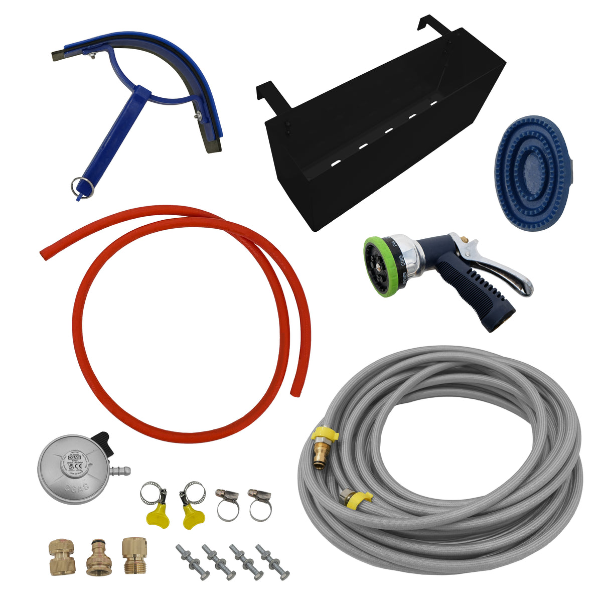 Douche de cheval portable Deluxe en noir, comprenant un tuyau gris, un pistolet de pulvérisation, des raccords et accessoires variés