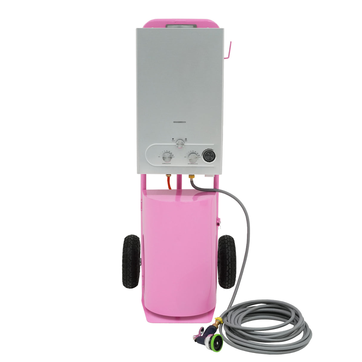 Douche de cheval portable Deluxe en rose, avec réservoir cylindrique, tuyau flexible et commandes en métal argenté pour un usage pratique