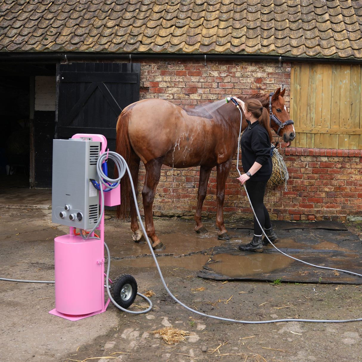 Douche de cheval portable deluxe rose, avec un cheval marron, une femme en noir, et un environnement de ferme en briques rouges