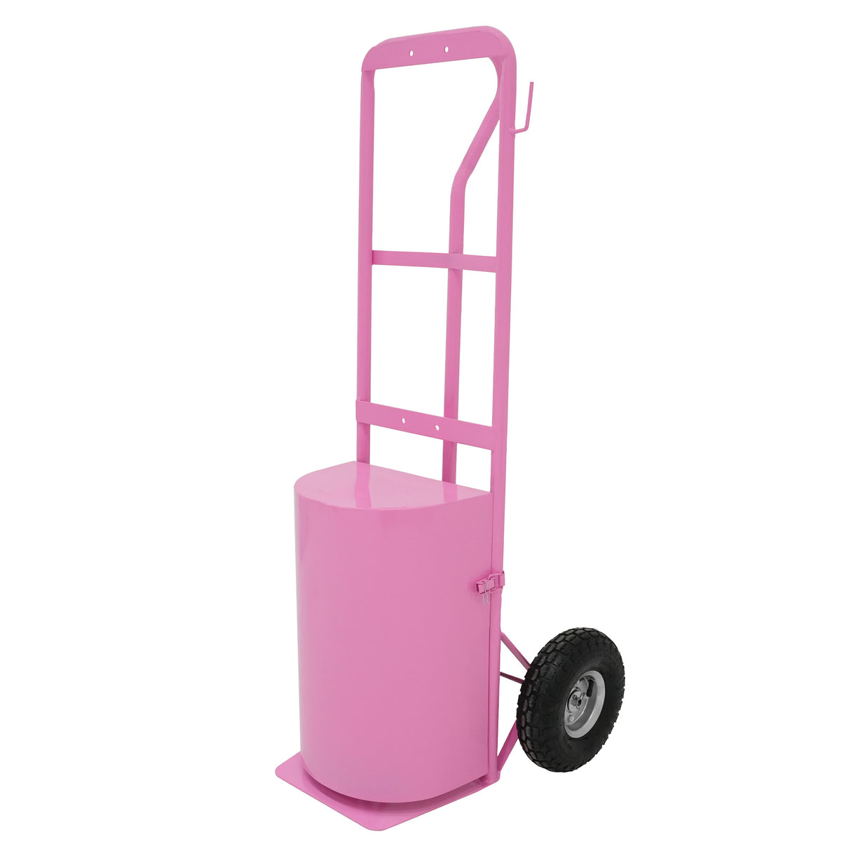 Douche de cheval portable deluxe en rose, avec un réservoir cylindrique, une structure en métal et des roues pour un transport facile