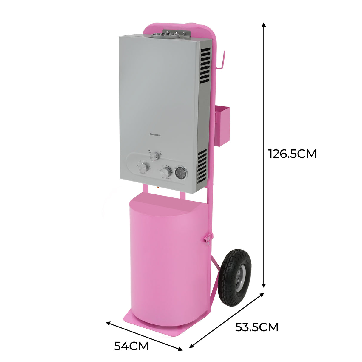 Douche de cheval portable deluxe en rose, avec un réservoir cylindrique et des roues, idéal pour un usage extérieur et pratique