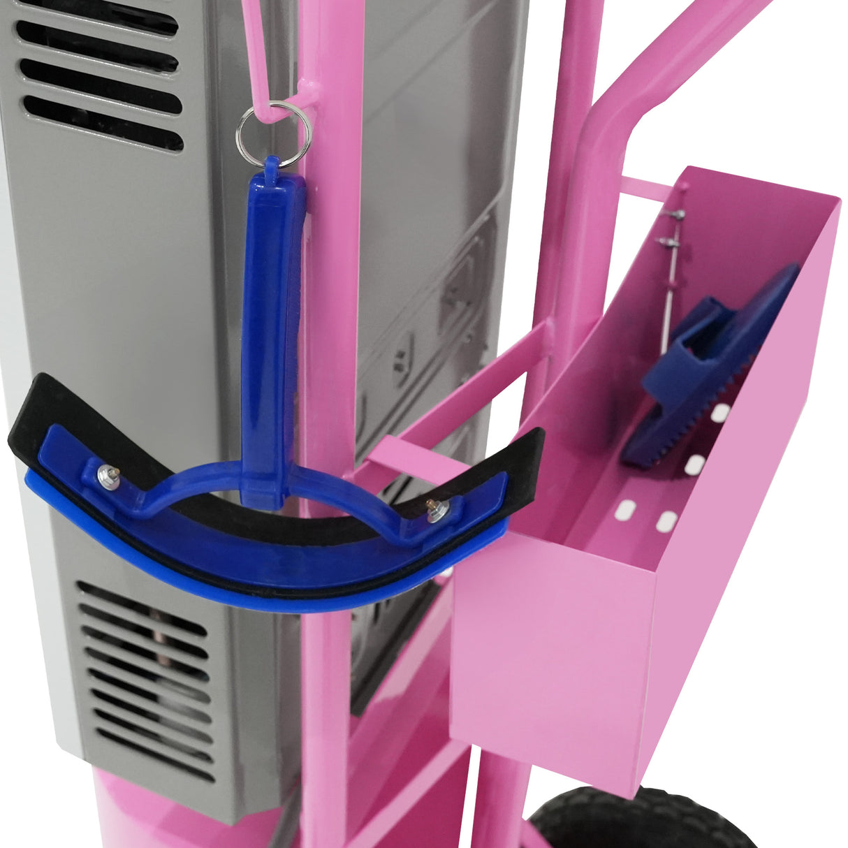 Douche de cheval portable deluxe rose avec accessoires, incluant un support bleu et un compartiment de rangement pratique