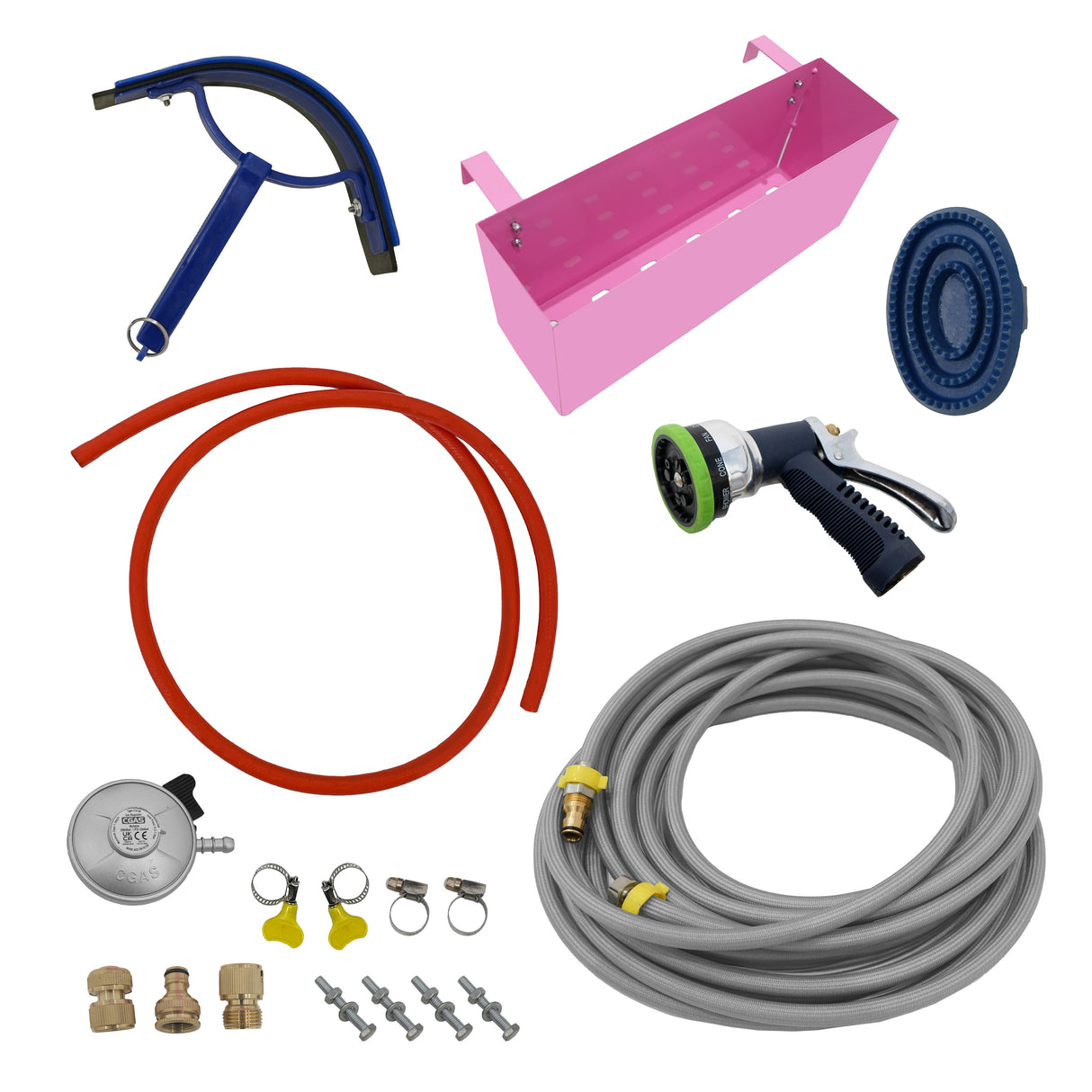 Douche de cheval portable deluxe en rose avec tuyaux, pistolet, accessoires et support, idéal pour le toilettage des chevaux