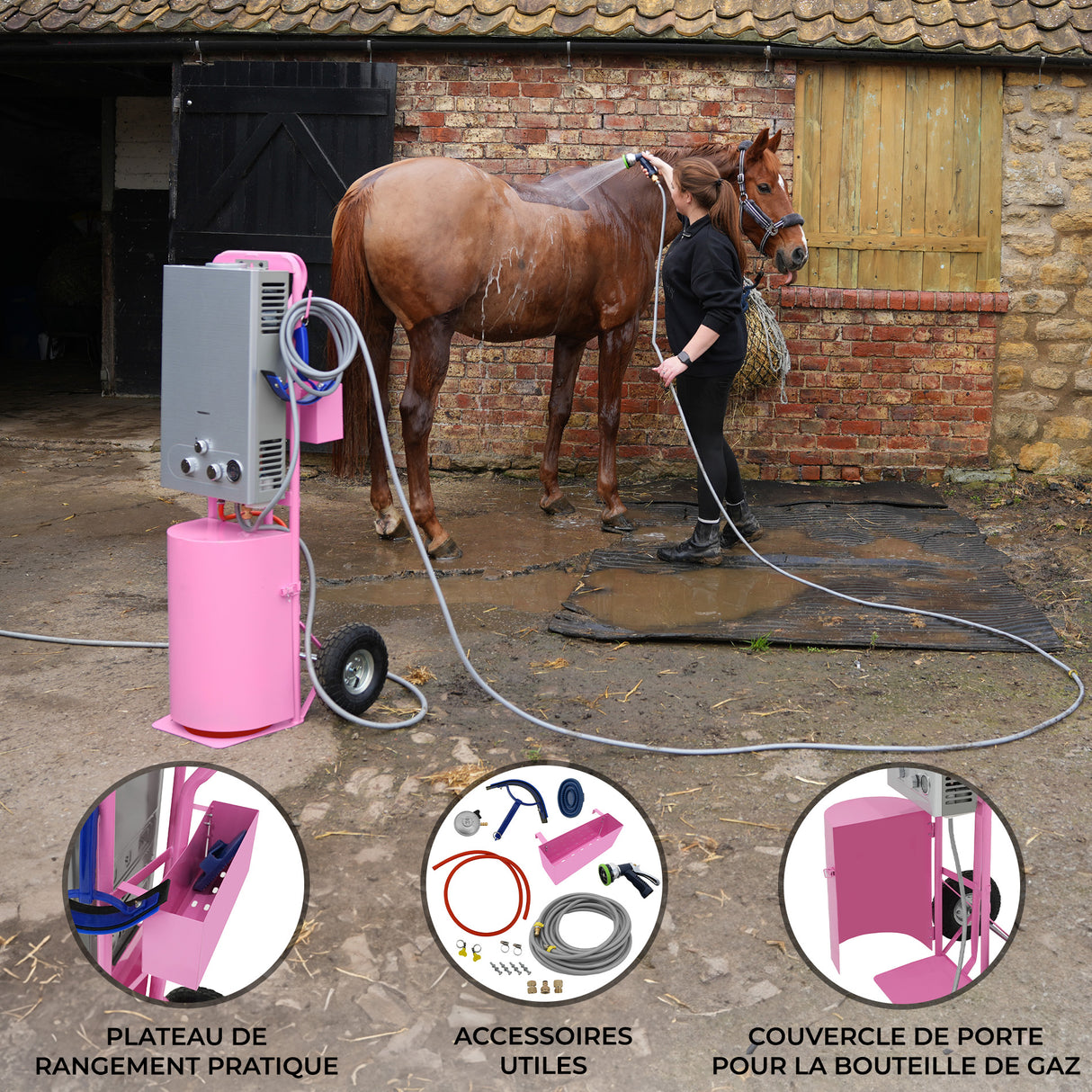 Douche de cheval portable deluxe rose avec accessoires, plateau de rangement, et une cavalière lavant un cheval dans une écurie